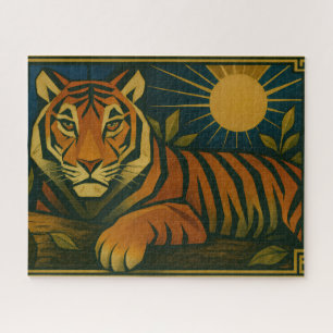 Stylized Tiger in Ornamental Sunburst Frame Jigsaw Puzzle