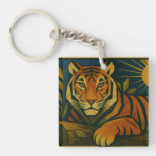 Stylized Tiger in Ornamental Sunburst Frame Key Ring
