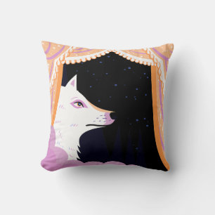 Stylized White Fox Gazing at Night Sky Cushion