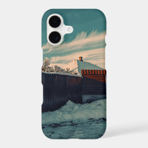 Stylized Winter Snow Cabin Teal Sky Art