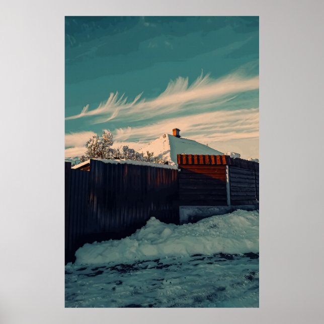 Stylized Winter Snow Teal Sky Landscape Art Poster (Front)