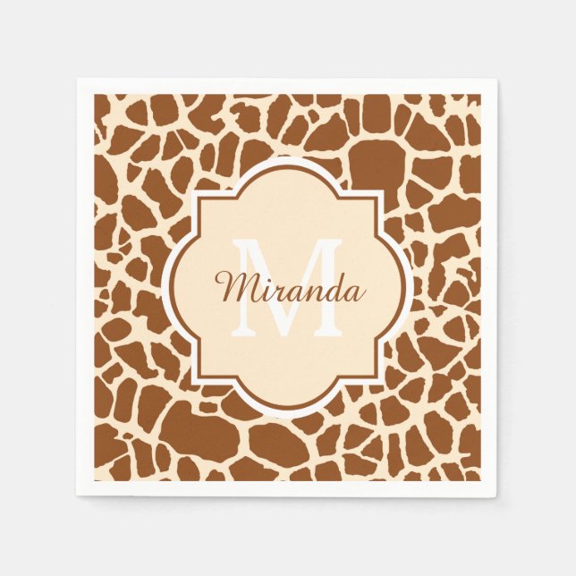Stylsih Brown Giraffe Print Monogram and Name Napkin (Front)