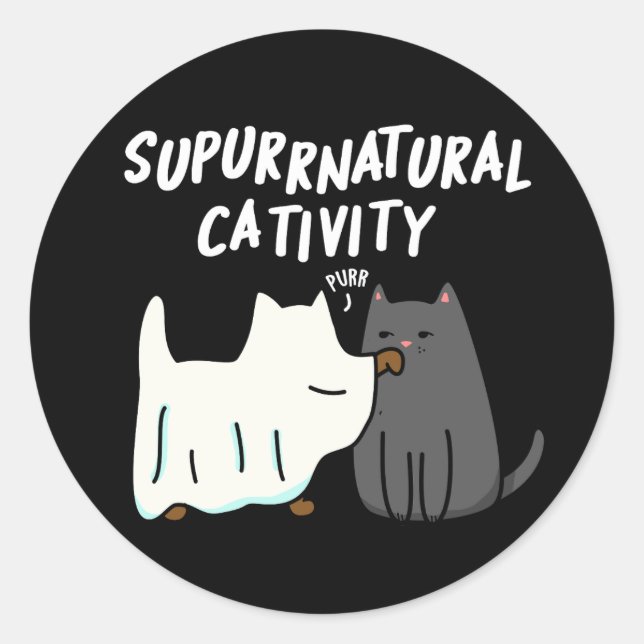 Su-purr-natural Cativity Funny Cat Pun Dark BG Classic Round Sticker (Front)