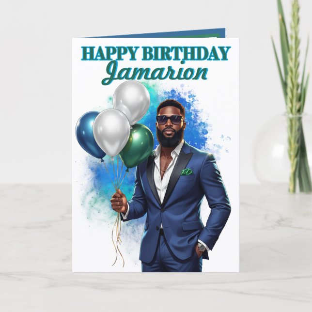Suave Navy Blue Suit African American Birthday Card (Front)