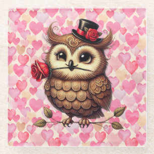 suave Owl with colourful hearts Valentine's Day  Glass Coaster
