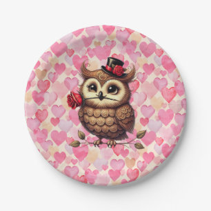 suave Owl with colourful hearts Valentine's Day Paper Plate