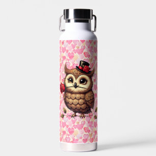 suave Owl with colourful hearts Valentine's Day Water Bottle