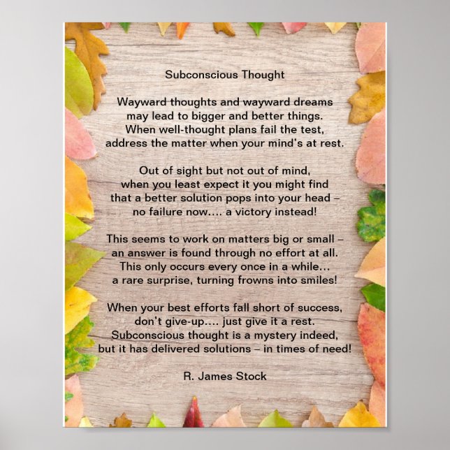 "Subconscious Thought" a poem on problem solving Poster (Front)