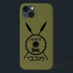 Subdued Maccabee Shield And Spears iPhone 13 Case<br><div class="desc">A black military "subdued" style depiction of a Maccabee's shield and two spears. The shield is adorned by a lion and text reading "Yisrael" (Israel) in the Paleo-Hebrew alphabet. Hebrew text reading "Maccabee" also appears. The Maccabees were Jewish rebels who freed Judea from the yoke of the Seleucid Empire. Chanukkah...</div>