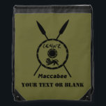 Subdued Maccabee Shield And Spears Drawstring Bag<br><div class="desc">A black military "subdued" style depiction of a Maccabee's shield and two spears. The shield is adorned by a lion and text reading "Yisrael" (Israel) in the Paleo-Hebrew alphabet. Text reading "Maccabee" also appears. Add your own additional text. The Maccabees were Jewish rebels who freed Judea from the yoke of...</div>