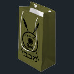Subdued Maccabee Shield And Spears Small Gift Bag<br><div class="desc">A black military "subdued" style depiction of a Maccabee's shield and two spears. The shield is adorned by a lion and text reading "Yisrael" (Israel) in the Paleo-Hebrew alphabet. Hebrew text reading "Maccabee" also appears. The Maccabees were Jewish rebels who freed Judea from the yoke of the Seleucid Empire. Chanukkah...</div>