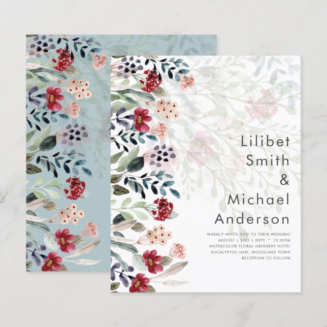 Sublime Burgundy Blue Wildflowers Wedding Elegant (Front/Back)