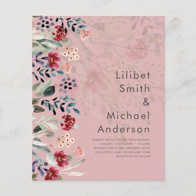 Sublime Burgundy Blue Wildflowers Wedding Elegant Flyer (Front)