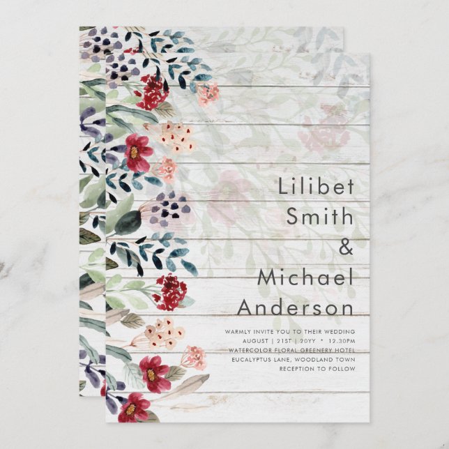 Sublime Burgundy Blue Wildflowers Wedding Elegant Invitation (Front/Back)