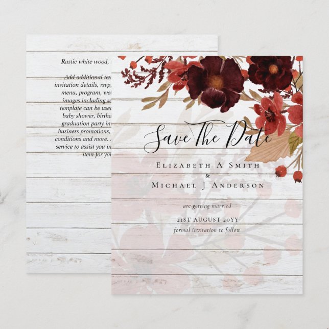 Sublime Burgundy Floral Wedding SAVE DATES Budget (Front/Back)