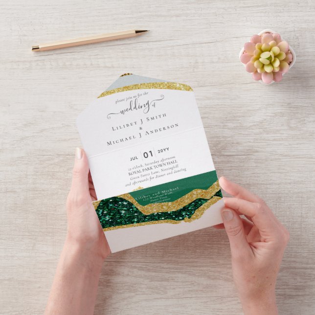 Sublime Emerald Green Gold Agate Wedding All In One Invitation (Video)