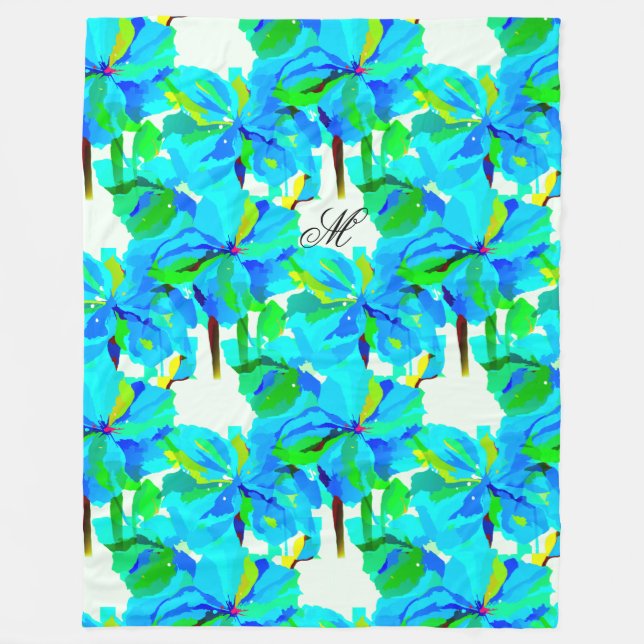 Sublime Himalayan Poppy Aqua Green Floral Pattern Fleece Blanket (Front)