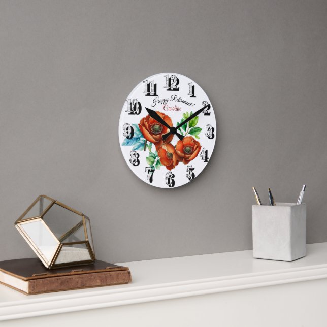 Sublime Watercolor Red Poppies Happy Retirement Round Clock (Office)