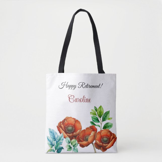 Sublime Watercolor Red Poppies Happy Retirement Tote Bag (Front)