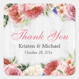 Sublte Chic Wood Rustic Floral Roses Thank You Square Sticker