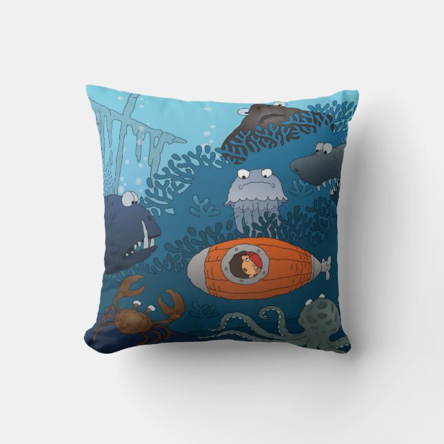 Submarine Boy Cartoon Undersea Animal Monster Cushion (Front)