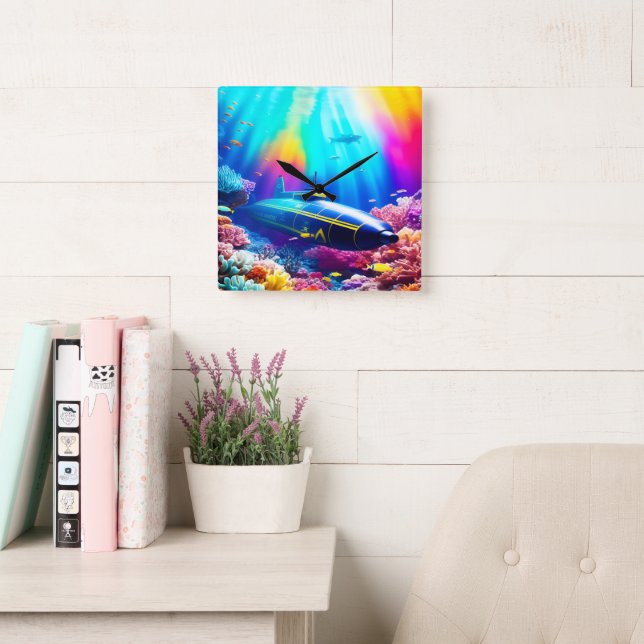 Submarine in Beautiful Ocean Square Wall Clock (Reading Room)