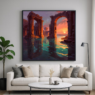 Submerged Ruins - Landscape Illustration Style Poster
