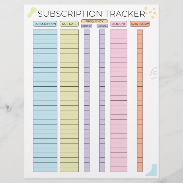 Subscription tracker custom letterhead (Front)