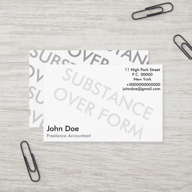 "Substance over Form" Business Card (Front/Back In Situ)