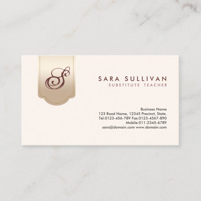 Substitute Teacher Gold Tab Monogram Business Card (Front)