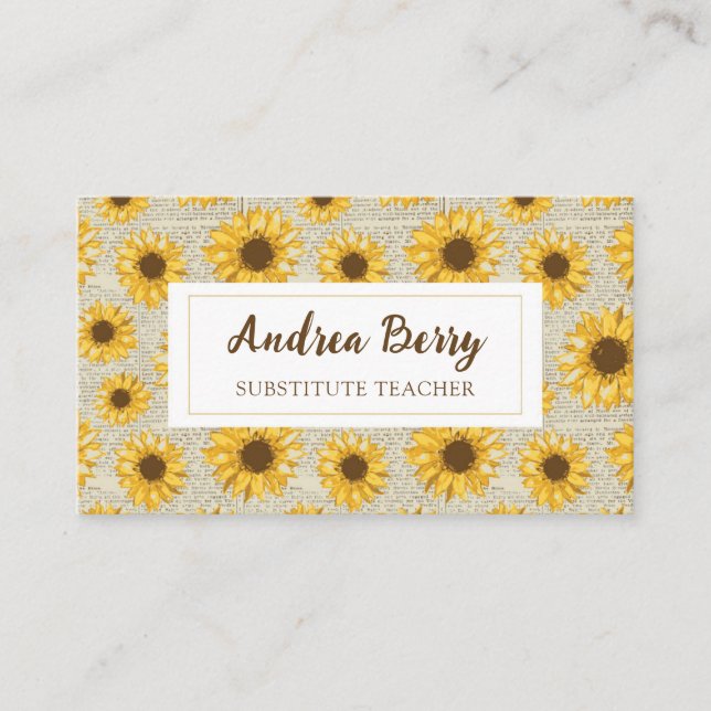 Substitute Teacher Vintage Sunflower Business Card (Front)