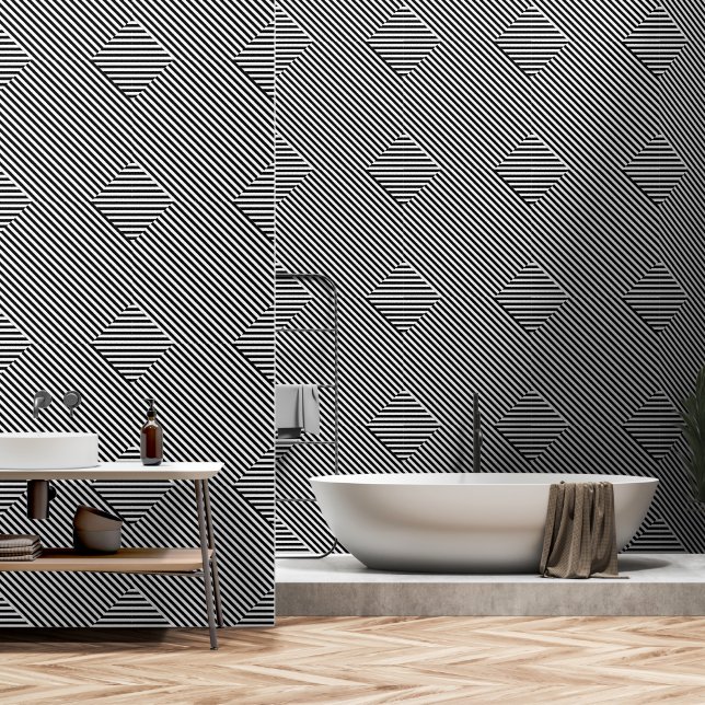 Subtle Black White Stripe Diamond Wallpaper (Bathroom)