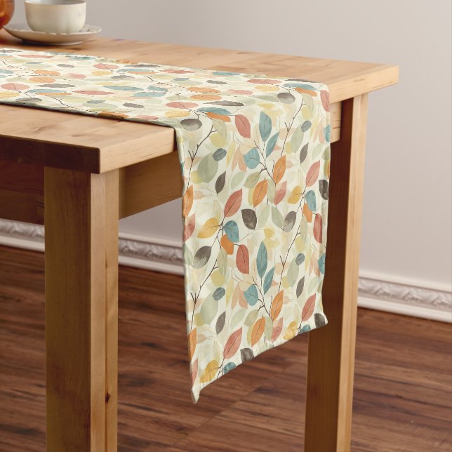 Subtle Blues and Oranges Leaf Design Long Table Runner (In Situ)
