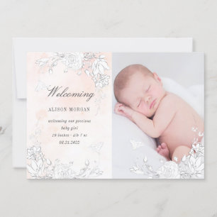 subtle blush floral birth announcement card