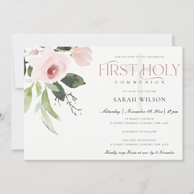 SUBTLE  BLUSH PINK ROSE FLORA FIRST HOLY COMMUNION INVITATION (Front)