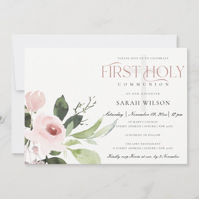 SUBTLE  BLUSH PINK ROSE FLORA FIRST HOLY COMMUNION INVITATION (Front)