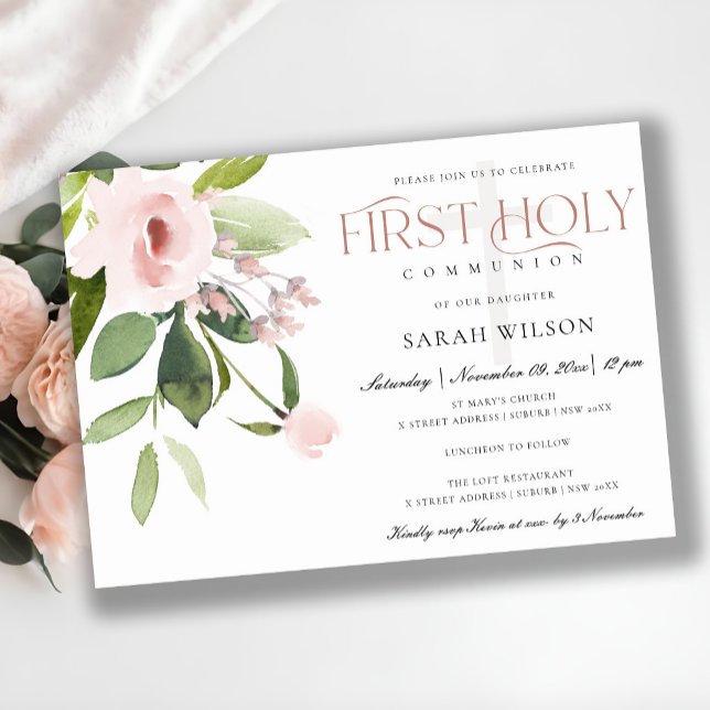 SUBTLE  BLUSH PINK ROSE FLORA FIRST HOLY COMMUNION INVITATION (Creator Uploaded)