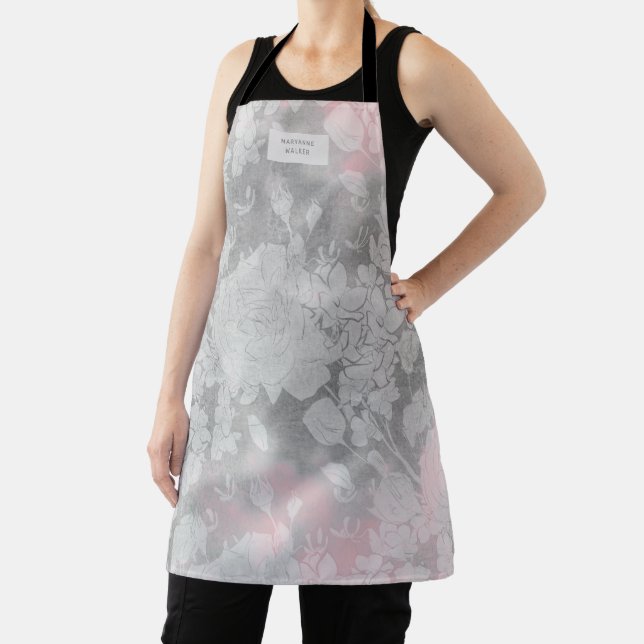 subtle blush silver floral monogram apron (Insitu)