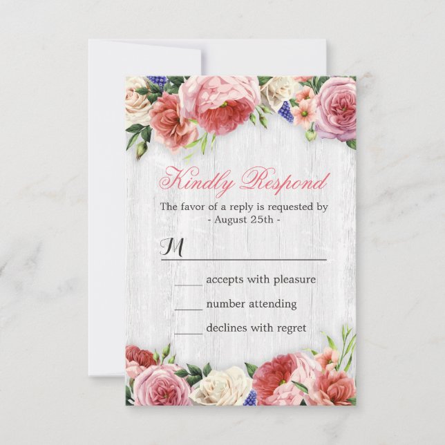 Subtle Chic Rustic Roses Floral Wood RSVP Reply (Front)