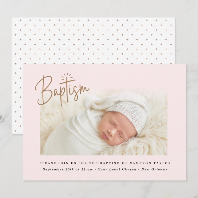 Subtle Cross Dusty Pink Script  Baptism Photo Girl Invitation (Front/Back)
