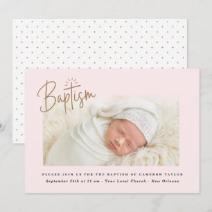 Subtle Cross Dusty Pink Script Baptism Photo Girl Invitation