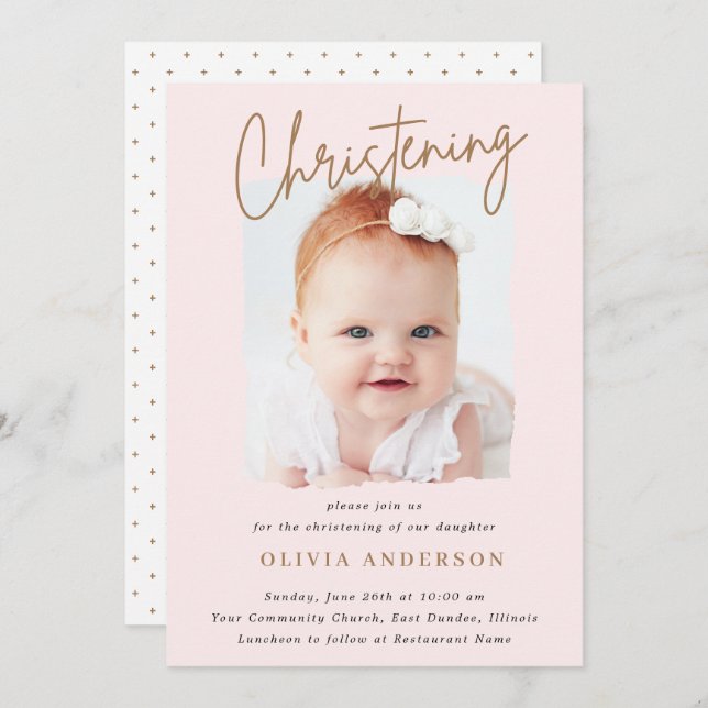 Subtle Cross Handwritten Script Christening Photo Invitation (Front/Back)