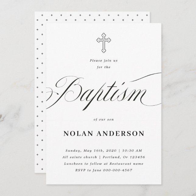 Subtle Cross in letters Calligraphy Simple Baptism Invitation (Front/Back)