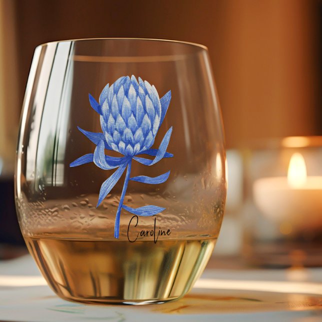 Subtle Elegant Name on Cobalt Protea Flower Stemless Wine Glass (Creator Uploaded)