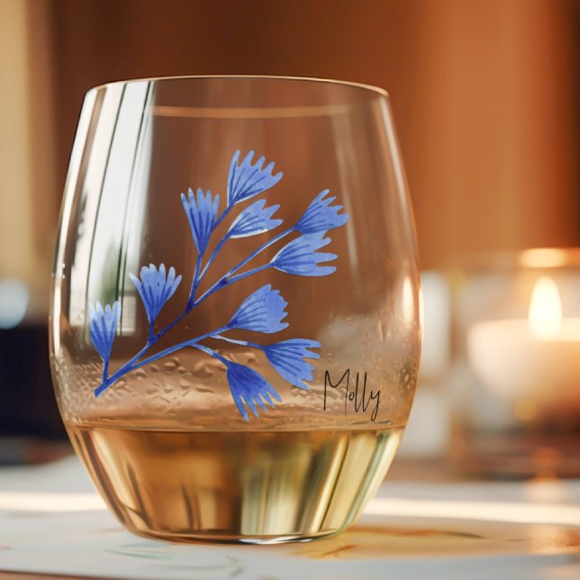 Subtle Elegant Name on Cobalt Tropical Leaf Stemless Wine Glass (Creator Uploaded)