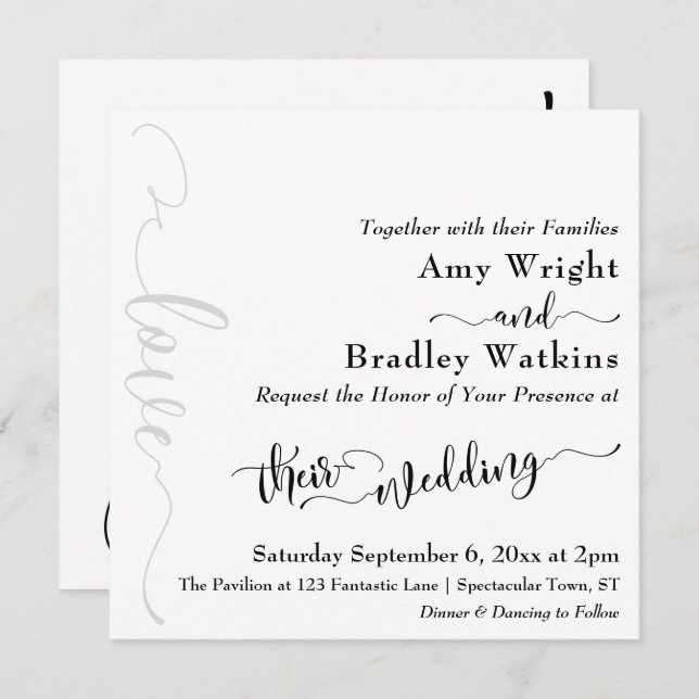 Subtle, Elegant Typography Black on White Wedding Invitation (Front/Back)