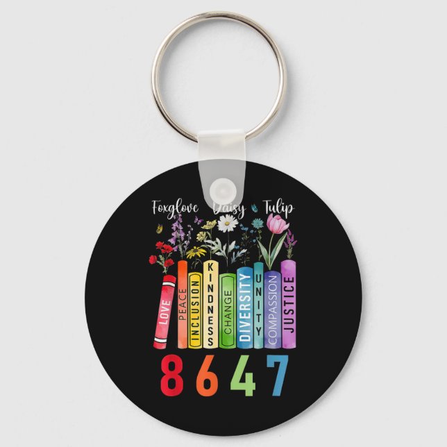 Subtle Floral Foxglove Daisy Tulip Book Lover  Key Ring (Front)