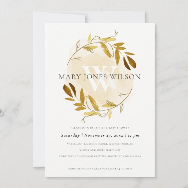 SUBTLE GOLD YELLOW FOLIAGE WREATH BABY SHOWER CARD (Front)
