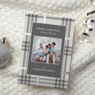 Subtle Grey Plaid Holiday Photo Christmas Card