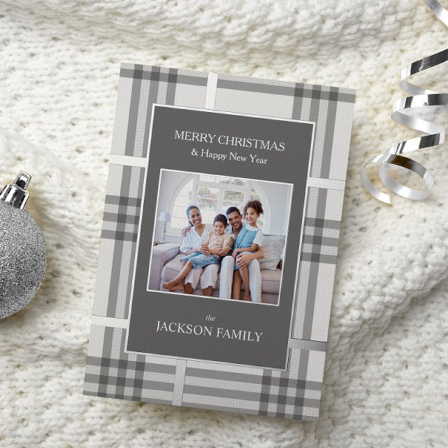 Subtle Grey Plaid Holiday Photo Christmas Card (Creator Uploaded)